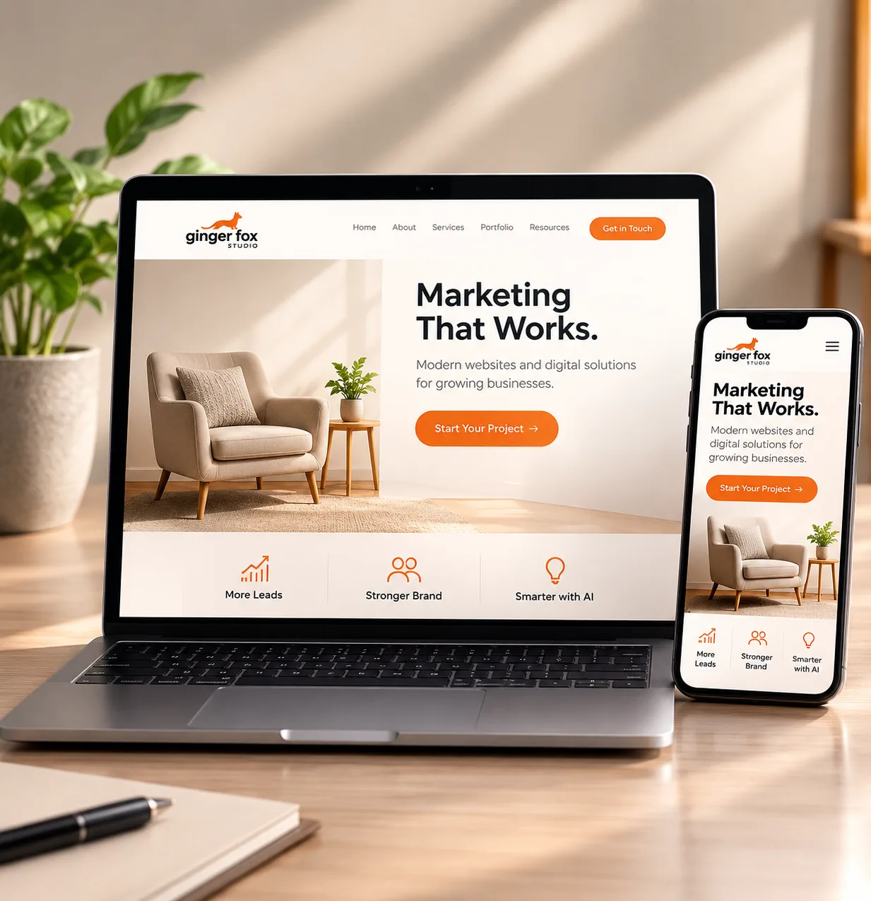 Comparison of a single landing page layout and a multi-page website layout on two screens