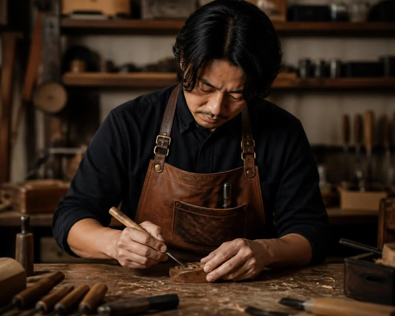 Craftsman carving wood by hand at a workshop bench