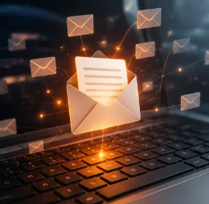 Small business owner writing an email newsletter on a laptop