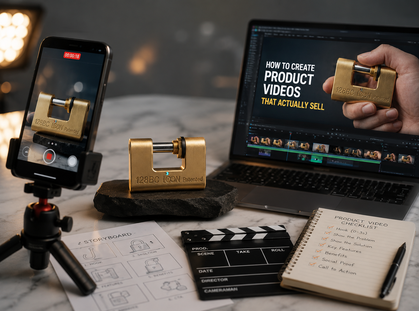 Small business owner filming a product video with a phone and ring light