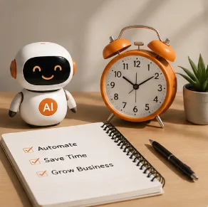 Small business owner with a clock and laptop showing time saved