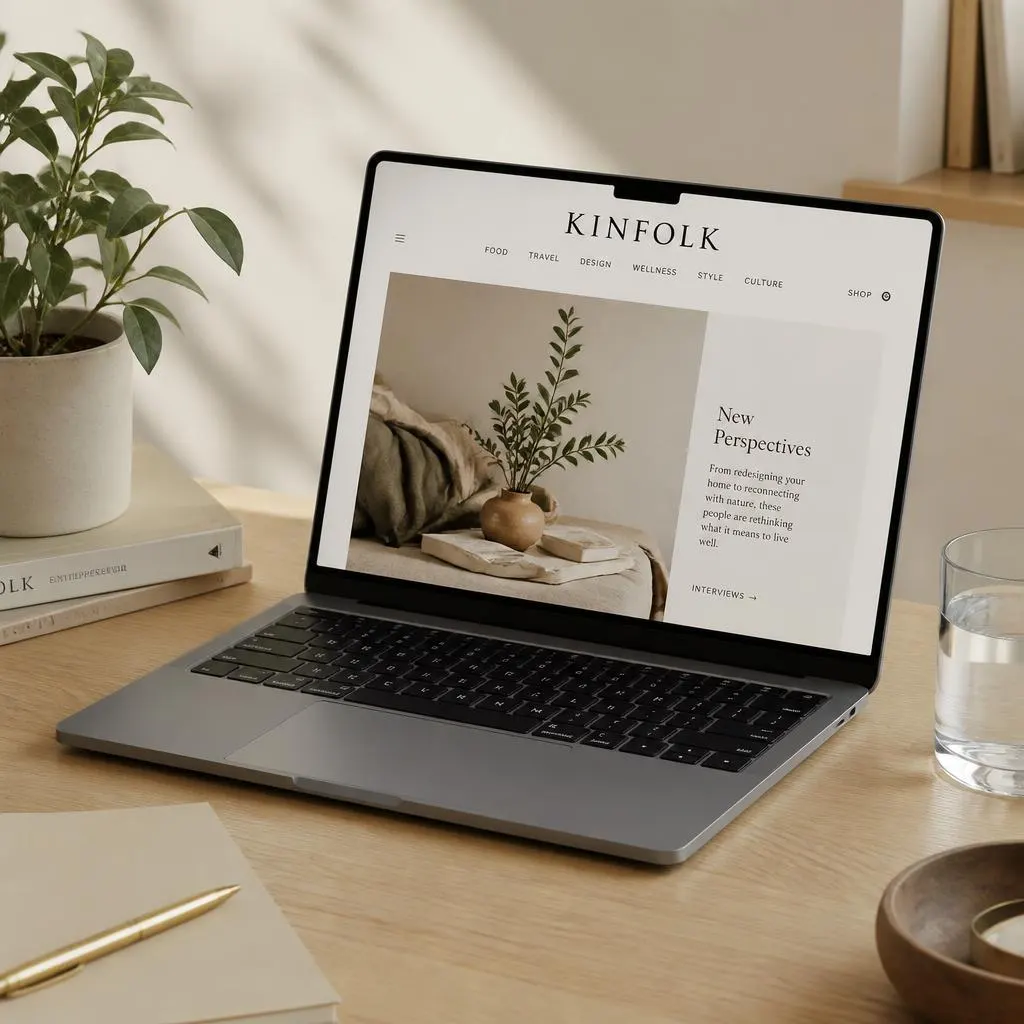 Laptop on a light wooden desk beside a plant