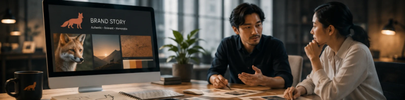 Small business owner sketching brand ideas on a notepad next to a laptop