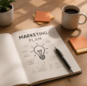 Small business owner planning marketing ideas on a whiteboard