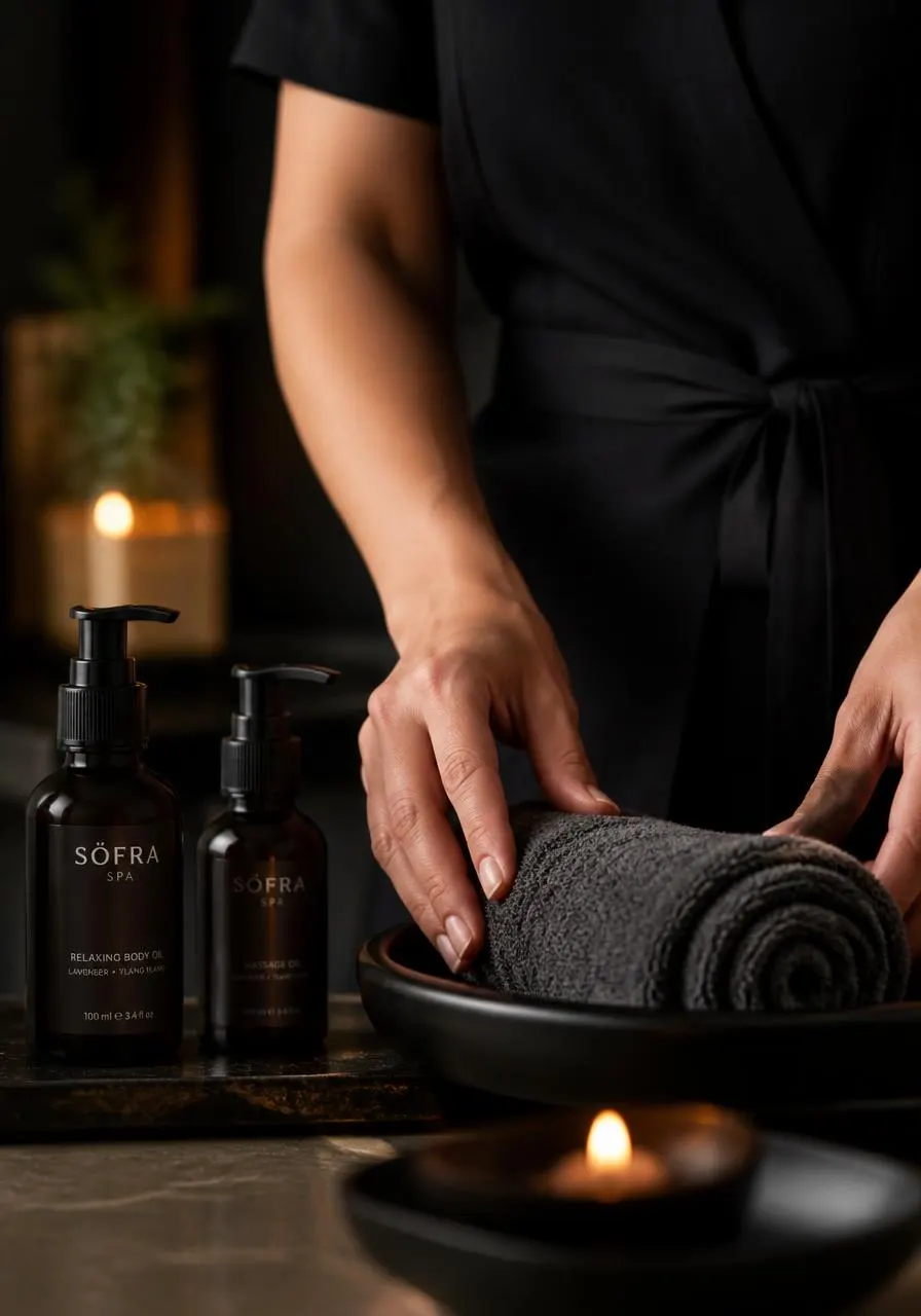 Therapist preparing warm towels and treatment oils