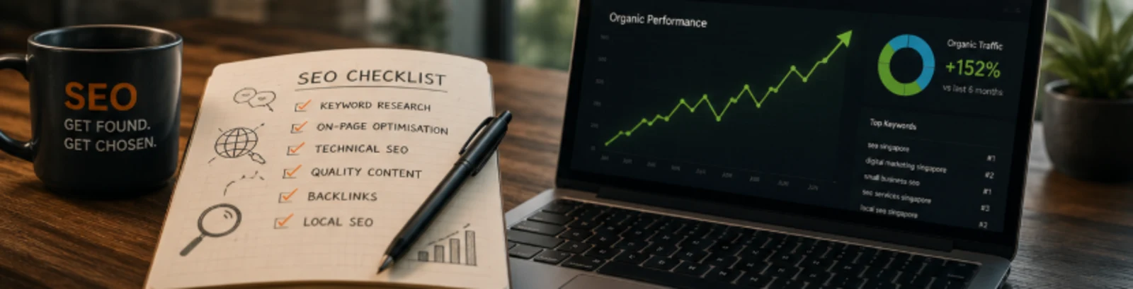 Small business owner checking website search rankings on a laptop