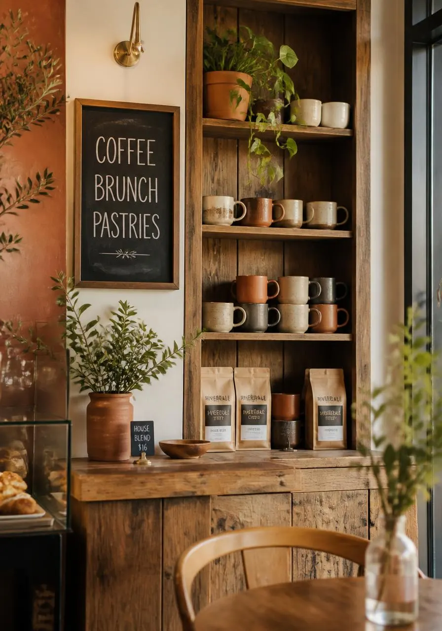 Café shelf display with ceramic mugs, coffee bags and a chalkboard menu