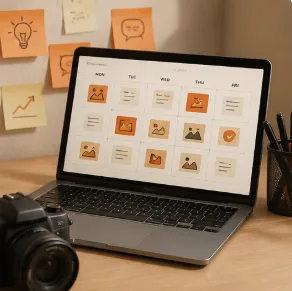 Notebook with a list of content ideas next to a phone showing social media