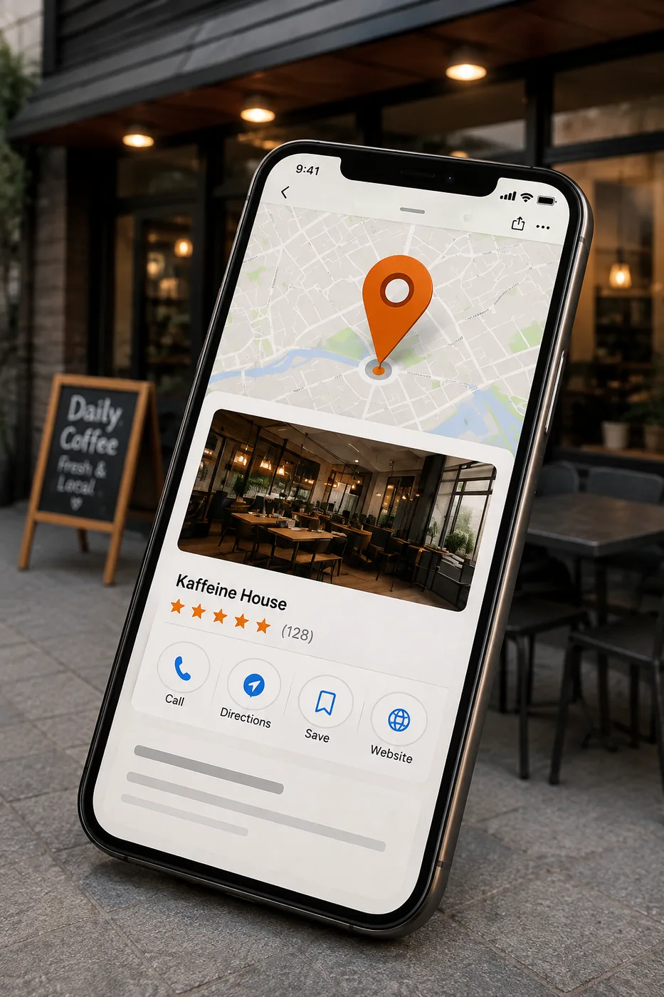 Cafe owner showing a customer a QR code to leave a Google review