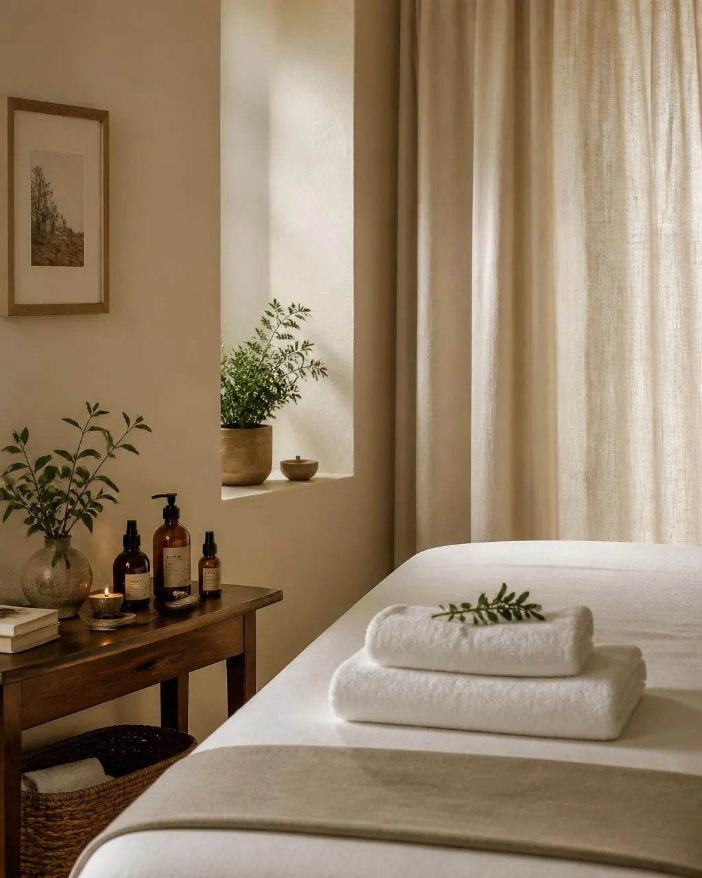Calm wellness treatment room with folded towels and warm light