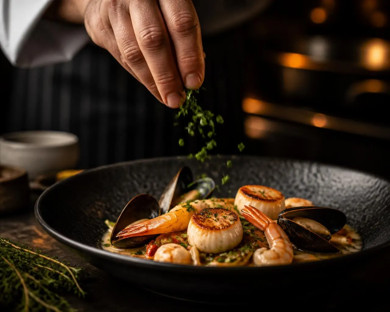 Chef finishing a plated seafood dish with fresh herbs