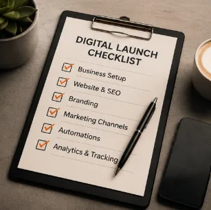 New business owner ticking off items on a launch checklist