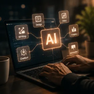 Small business owner confidently working alongside AI tools in a shop